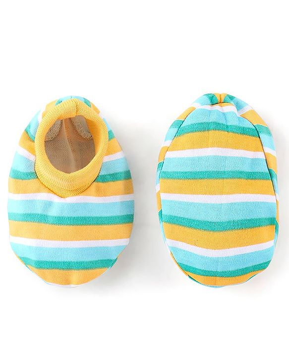 Babyhug 100% Cotton Onesies with Leggings and Cap Mittens Booties With Frog Print & Striped - Yellow & Green
