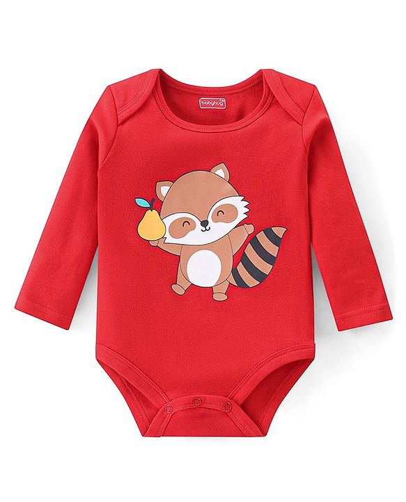 Babyhug 100% Cotton Knit Full Sleeves Onesie with Pajama Cap Mittens & Booties Racoon Print - Red & Blue