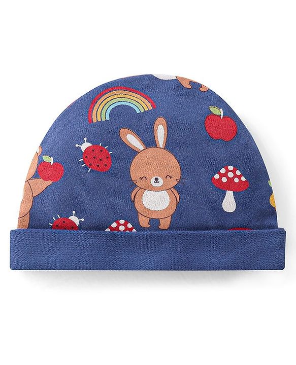 Babyhug 100% Cotton Knit Full Sleeves Onesie with Pajama Cap Mittens & Booties Racoon Print - Red & Blue