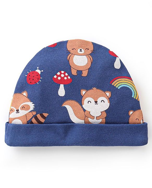 Babyhug 100% Cotton Knit Full Sleeves Onesie with Pajama Cap Mittens & Booties Racoon Print - Red & Blue