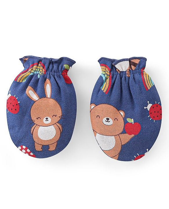 Babyhug 100% Cotton Knit Full Sleeves Onesie with Pajama Cap Mittens & Booties Racoon Print - Red & Blue