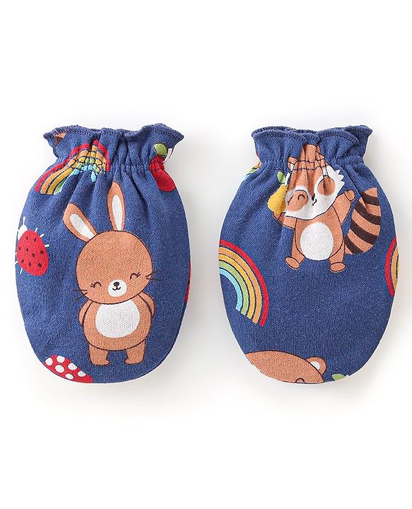 Babyhug 100% Cotton Knit Full Sleeves Onesie with Pajama Cap Mittens & Booties Racoon Print - Red & Blue