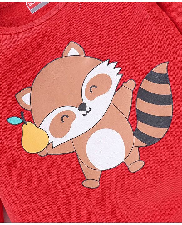 Babyhug 100% Cotton Knit Full Sleeves Onesie with Pajama Cap Mittens & Booties Racoon Print - Red & Blue