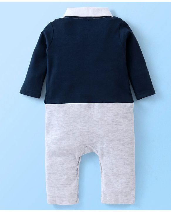 Babyhug Cotton Knit Full Sleeves Solid Party Wear Romper with Bow Tie - Navy Blue & Grey Melange