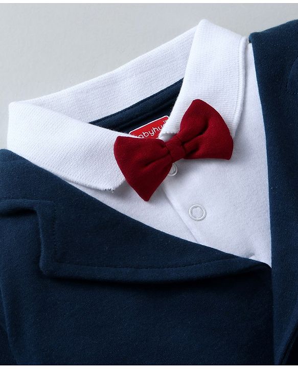 Babyhug Cotton Knit Full Sleeves Solid Party Wear Romper with Bow Tie - Navy Blue & Grey Melange