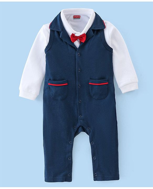 Babyhug Cotton Full Sleeves Romper Solid Colour - Navy Blue & White