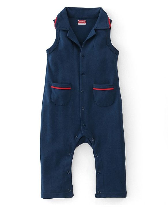 Babyhug Cotton Full Sleeves Romper Solid Colour - Navy Blue & White