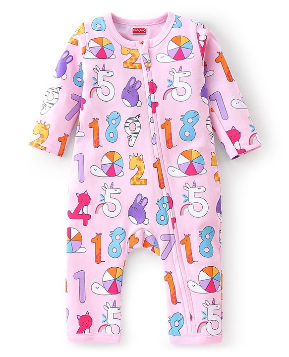 Babyhug 100% Cotton Knit Full Length Number Print Romper - Pink