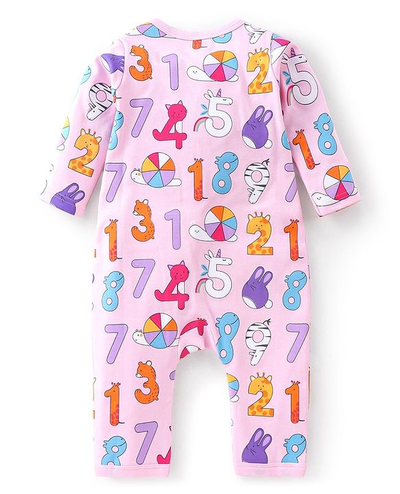 Babyhug 100% Cotton Knit Full Length Number Print Romper - Pink