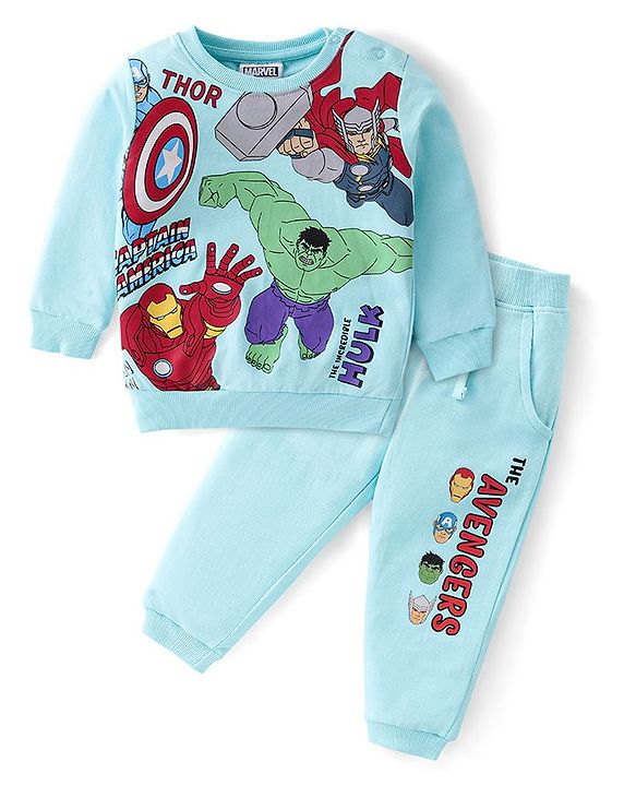 Babyhug Cotton Knit Full Sleeves T-Shirt & Lounge Pant Set The Avengers Print - Blue