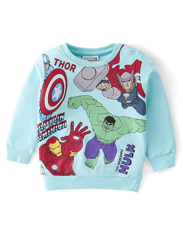 Babyhug Cotton Knit Full Sleeves T-Shirt & Lounge Pant Set The Avengers Print - Blue