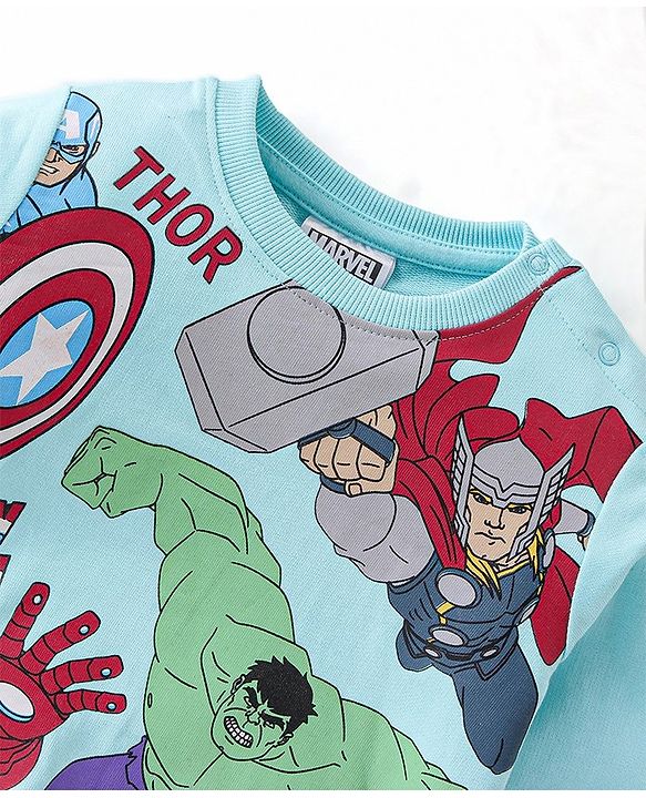 Babyhug Cotton Knit Full Sleeves T-Shirt & Lounge Pant Set The Avengers Print - Blue