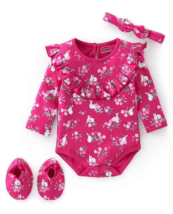 Babyhug 100% Cotton Full Sleeves Onesie with Hairband & Booties Bunny Print - Pink
