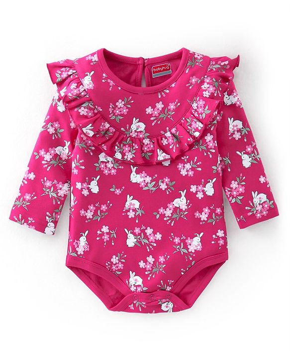 Babyhug 100% Cotton Full Sleeves Onesie with Hairband & Booties Bunny Print - Pink