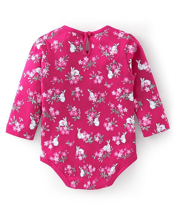 Babyhug 100% Cotton Full Sleeves Onesie with Hairband & Booties Bunny Print - Pink