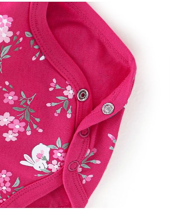 Babyhug 100% Cotton Full Sleeves Onesie with Hairband & Booties Bunny Print - Pink