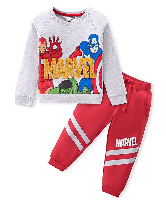 Babyhug Full Sleeves T-Shirt & Lounge Pant Marvel Print - White & Maroon