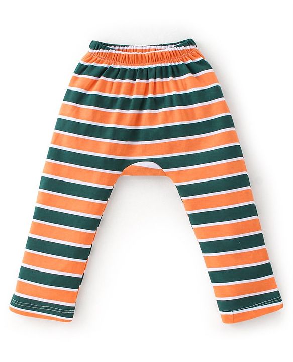 Babyhug Cotton Knit Full Length Striped & Koala Print Diaper Pants Pack of 3 - Orange & Green