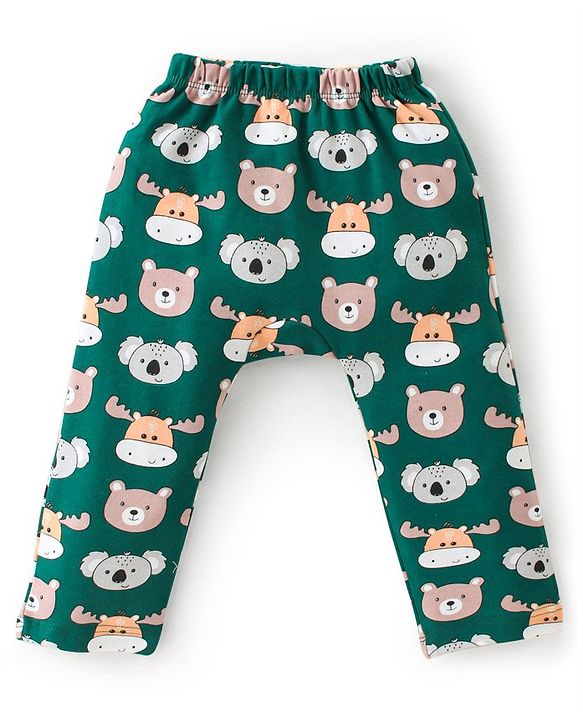 Babyhug Cotton Knit Full Length Striped & Koala Print Diaper Pants Pack of 3 - Orange & Green