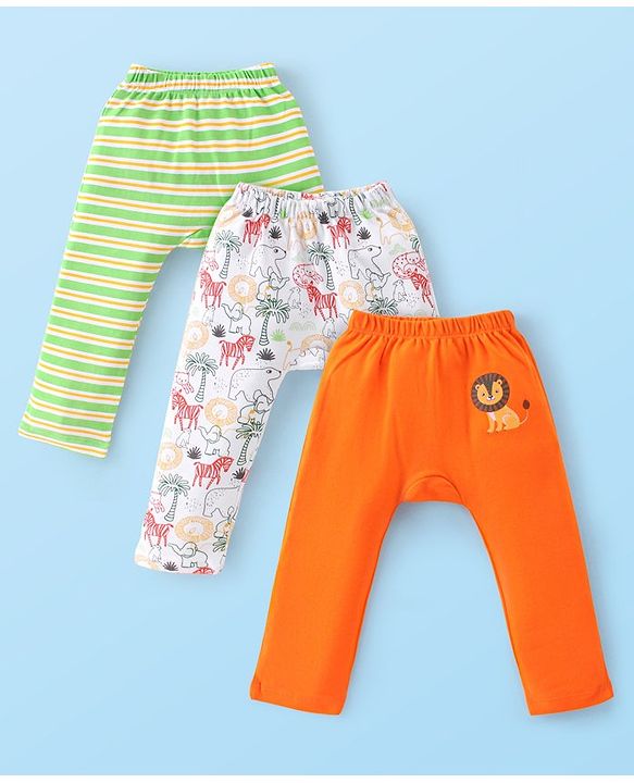 Babyhug Cotton Knit Full Length Striped & Lion Print Diaper Pants Pack of 3 - Orange White & Green