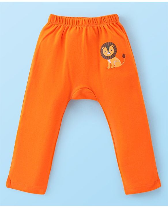 Babyhug Cotton Knit Full Length Striped & Lion Print Diaper Pants Pack of 3 - Orange White & Green