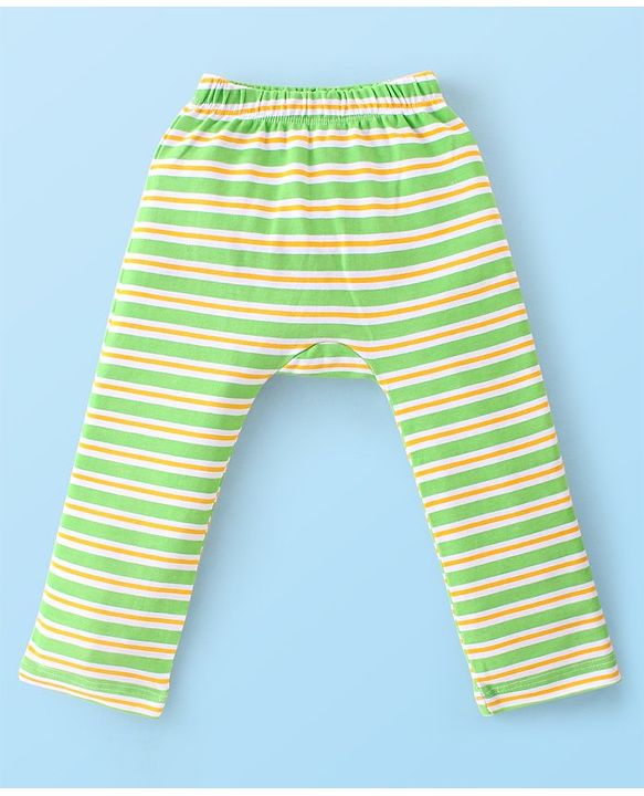 Babyhug Cotton Knit Full Length Striped & Lion Print Diaper Pants Pack of 3 - Orange White & Green