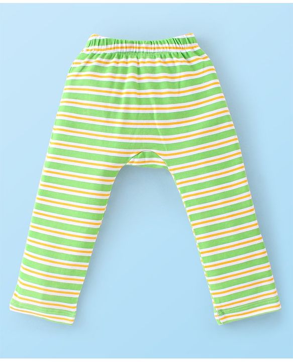 Babyhug Cotton Knit Full Length Striped & Lion Print Diaper Pants Pack of 3 - Orange White & Green