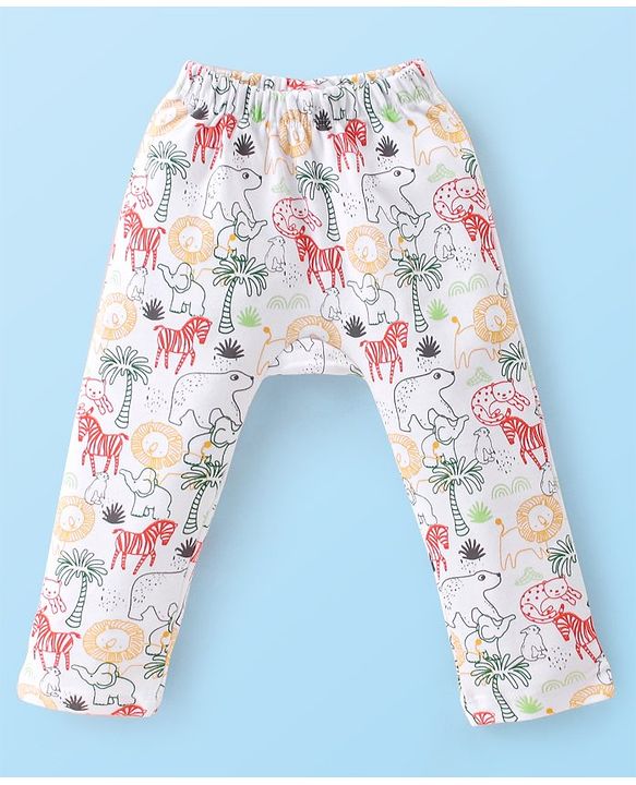 Babyhug Cotton Knit Full Length Striped & Lion Print Diaper Pants Pack of 3 - Orange White & Green
