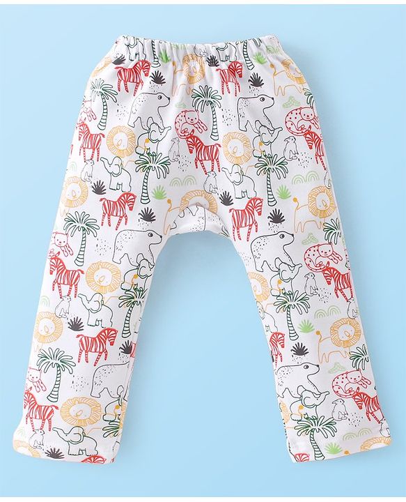 Babyhug Cotton Knit Full Length Striped & Lion Print Diaper Pants Pack of 3 - Orange White & Green