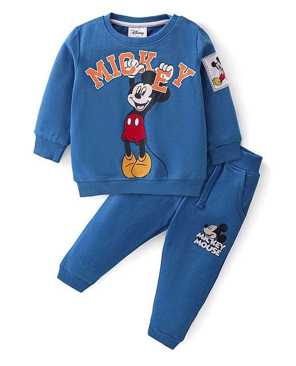 Babyhug Cotton Knit Full Sleeves  T-Shirt & Lounge Pant Set Mickey Print - Blue