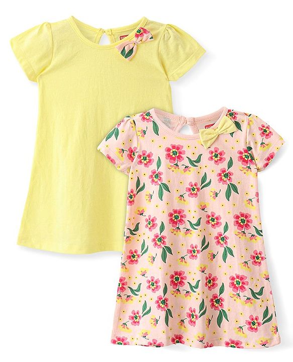 Babyhug Single Jersey Knit Half Sleeves Frock With Floral Print Pack Of 2 - Multicolor