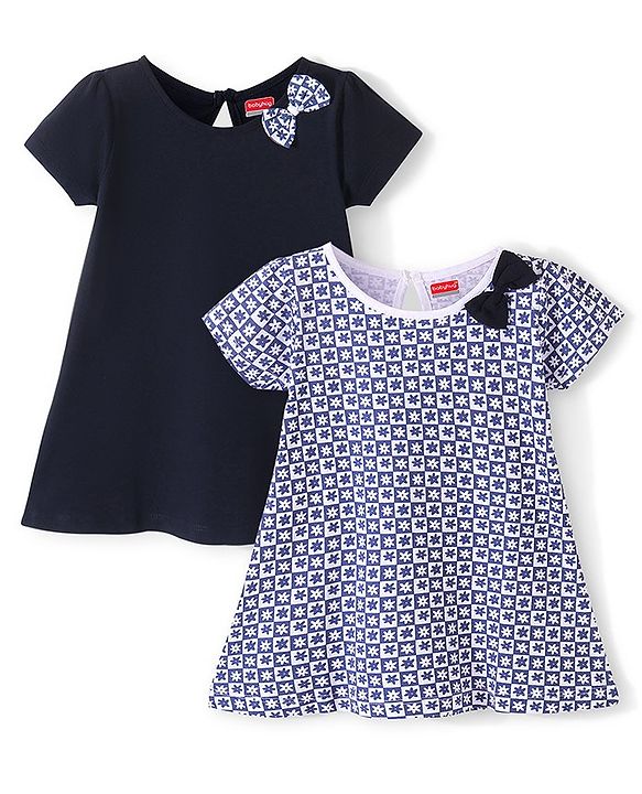 Babyhug 100% Cotton Knit Half Sleeves Frock Floral Print Pack of 2 - Navy Blue & White