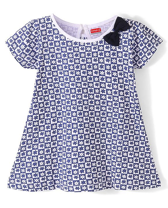 Babyhug 100% Cotton Knit Half Sleeves Frock Floral Print Pack of 2 - Navy Blue & White