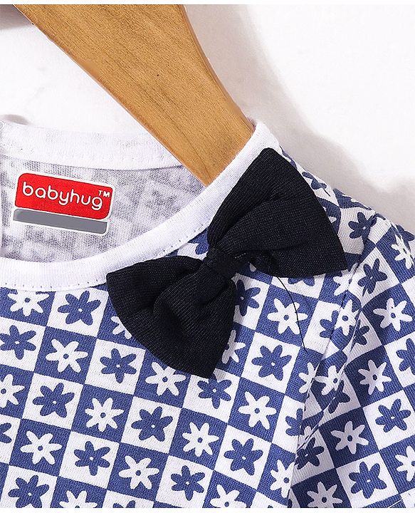 Babyhug 100% Cotton Knit Half Sleeves Frock Floral Print Pack of 2 - Navy Blue & White