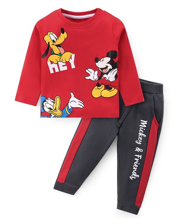 Babyhug 100% Cotton Single Jersey Knit Full Sleeves T-Shirt & Lounge Pant Mickey Mouse Print - Red & Grey