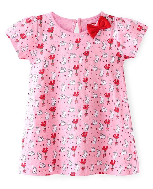 Babyhug 100% Cotton Single Jersey Knit Half Sleeves Frocks With Bunny Print Pack Of 2 - Multicolor