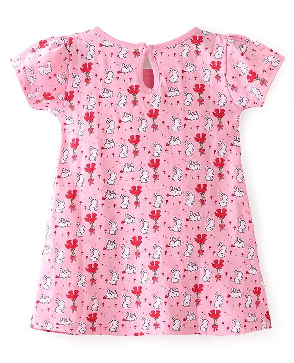 Babyhug 100% Cotton Single Jersey Knit Half Sleeves Frocks With Bunny Print Pack Of 2 - Multicolor