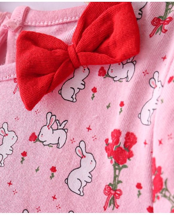 Babyhug 100% Cotton Single Jersey Knit Half Sleeves Frocks With Bunny Print Pack Of 2 - Multicolor