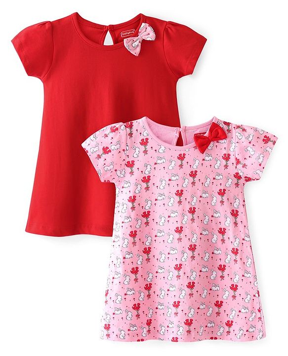 Babyhug 100% Cotton Single Jersey Knit Half Sleeves Frocks With Bunny Print Pack Of 2 - Multicolor