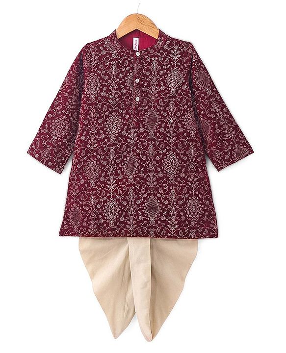 Babyhug Full Sleeves  Embroidered Kurta with Solid Dhoti Set - Maroon