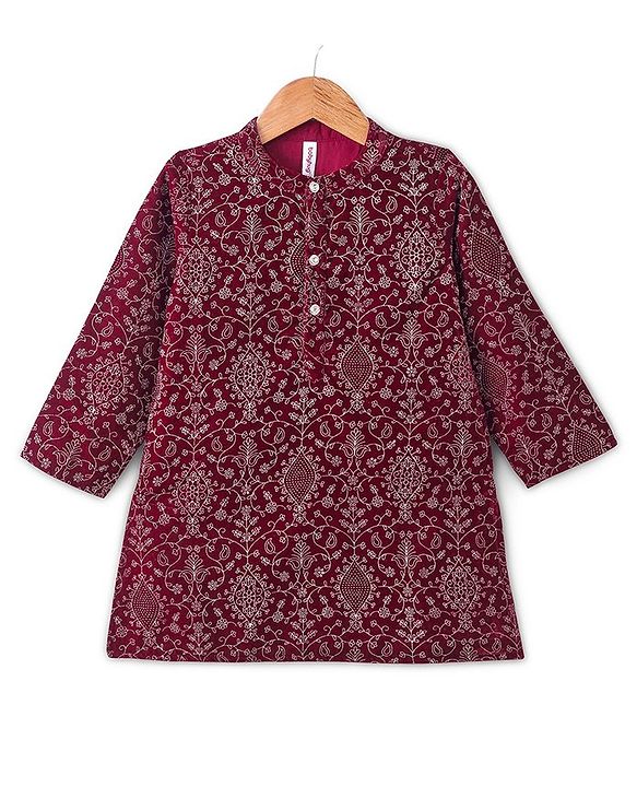 Babyhug Full Sleeves  Embroidered Kurta with Solid Dhoti Set - Maroon