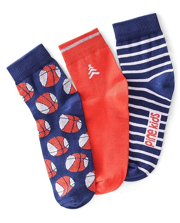 Pine Kids High Ankle Length Striped & Basketball Design Socks Pack of 3 - Multicolour