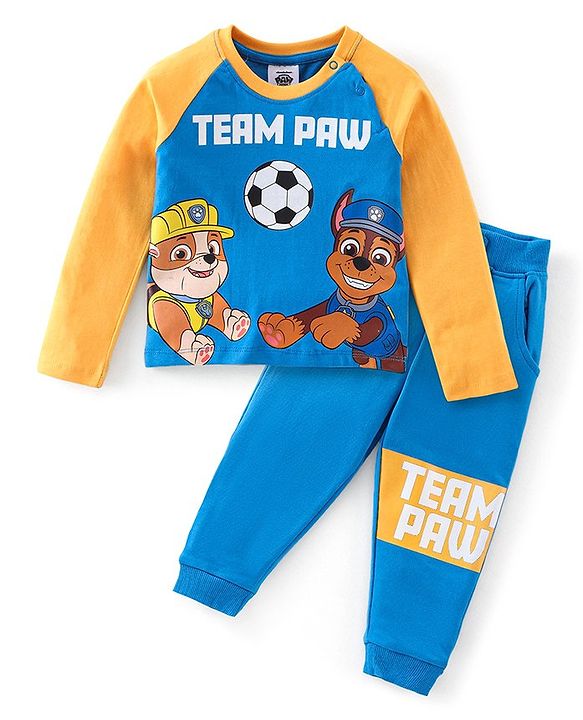 Babyhug 100% Cotton Raglan Sleeves T-Shirt & Lounge Pants With Paw Patrol Print - Yellow & Navy Blue
