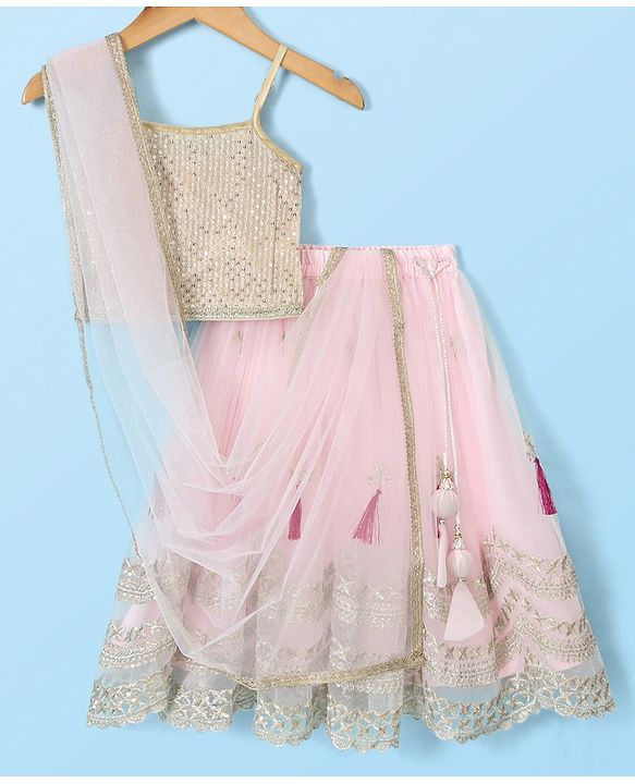 Babyhug Sleeveless Sequenced Choli with Net Embroidred Lehenga and Dupatta Set - Pink