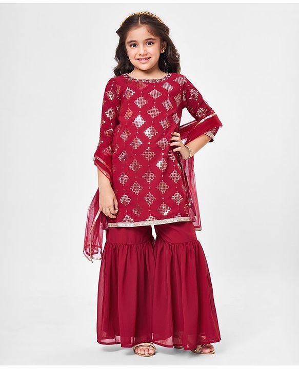 Babyhug Three Fourth Sleeve Sequined Kurti Palazo Set with Dupatta-Maroon