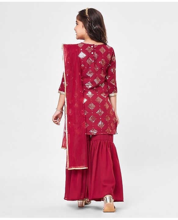 Babyhug Three Fourth Sleeve Sequined Kurti Palazo Set with Dupatta-Maroon