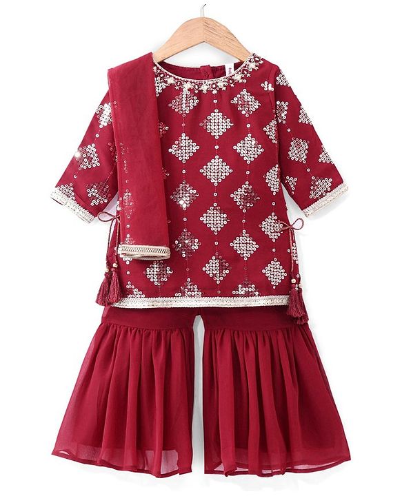 Babyhug Three Fourth Sleeve Sequined Kurti Palazo Set with Dupatta-Maroon
