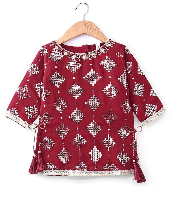 Babyhug Three Fourth Sleeve Sequined Kurti Palazo Set with Dupatta-Maroon