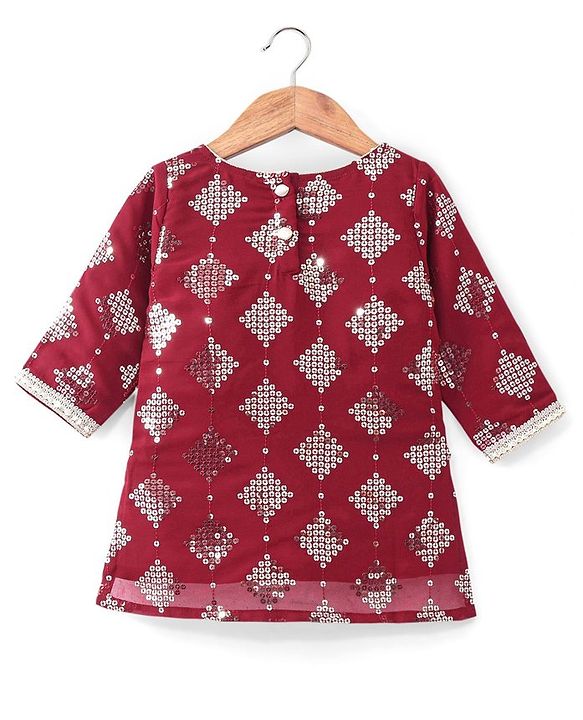 Babyhug Three Fourth Sleeve Sequined Kurti Palazo Set with Dupatta-Maroon