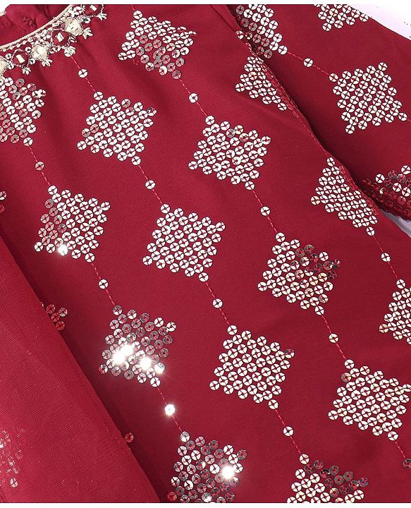 Babyhug Three Fourth Sleeve Sequined Kurti Palazo Set with Dupatta-Maroon